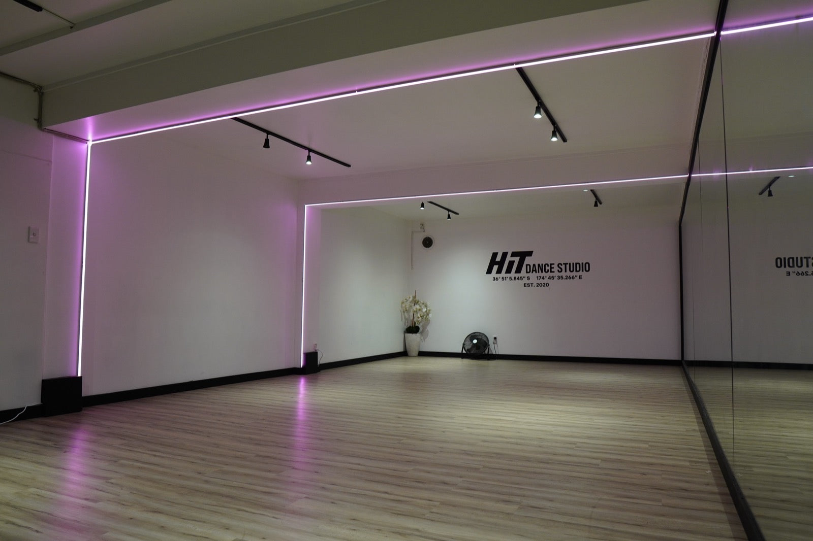 Studio 2 with wood flooring, a mirrored wall and soft purple LED lighting